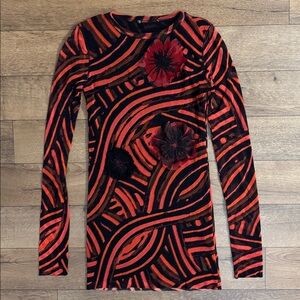 Fuzzi NO TAG Floral Appliqué Micro Mesh Long Sleeve Pattern Top Vintage Designer